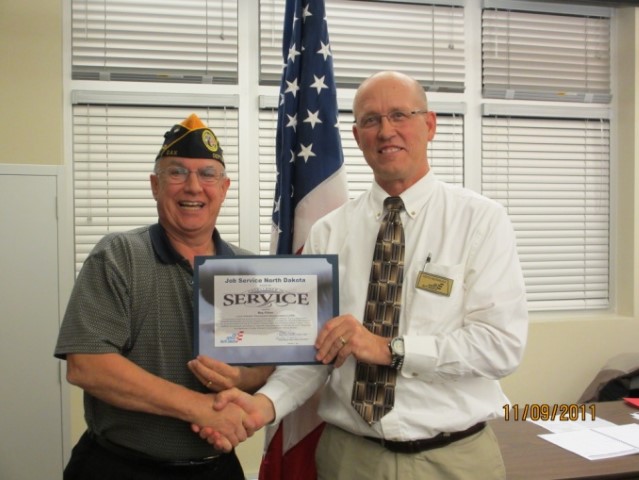 Roy M Fillion, Past Department Commander and employed as a DVOP in Grand Forks local office, was recently presented the Excellence in Service Award for providing exceptional employment and training services to Veterans for the year 2011.
